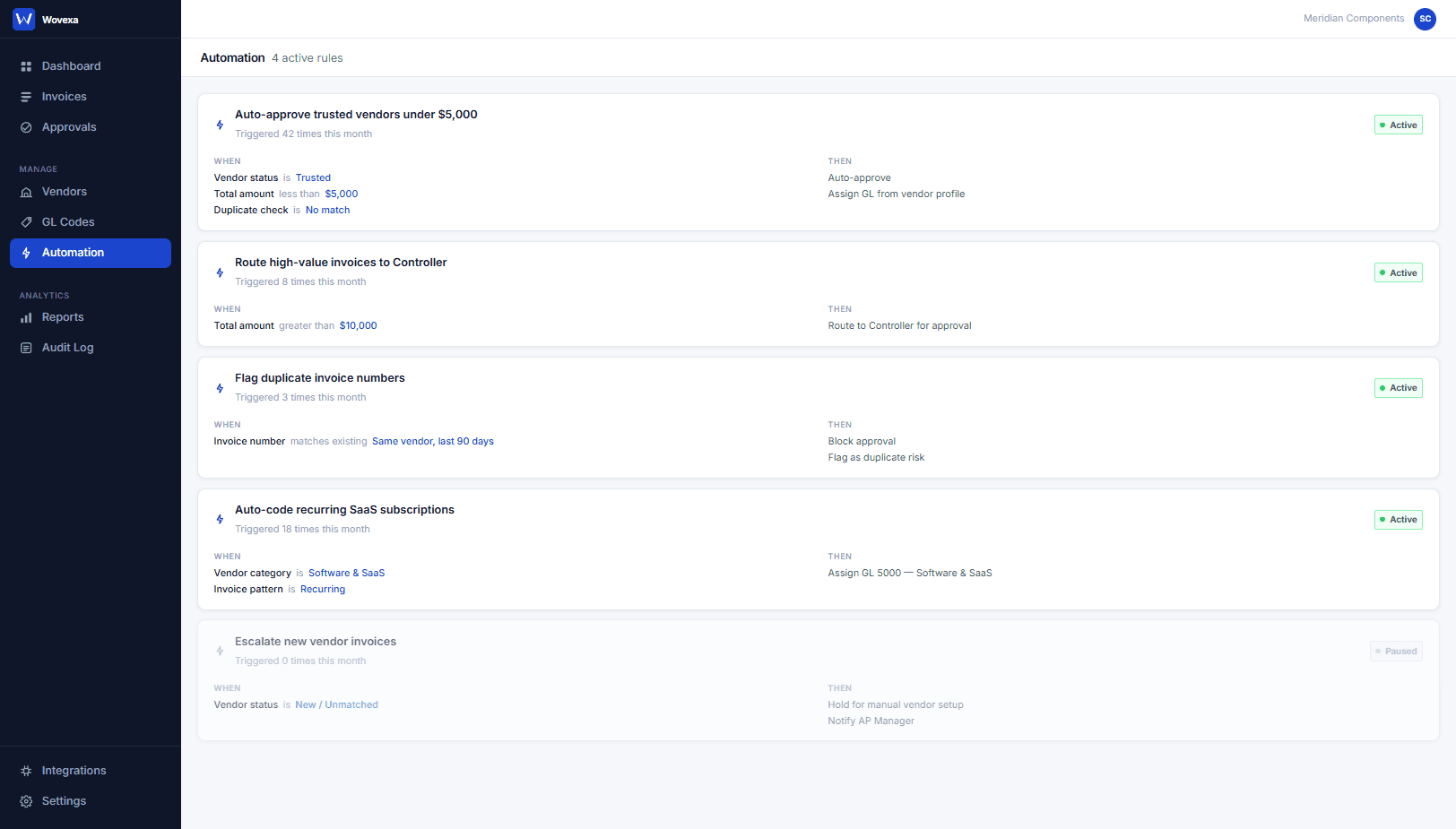 Automation rules page showing configurable when/then policies for auto-approval, duplicate detection, and GL coding