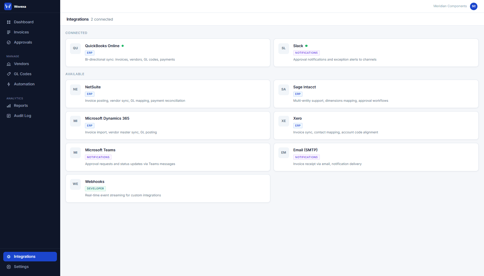 Integrations page showing ERP connections for QuickBooks, Xero, and Zoho Books