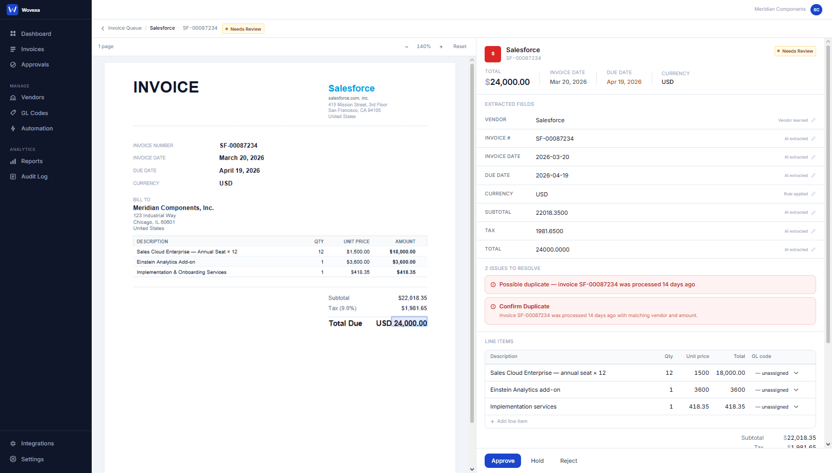 Split-screen invoice review with document viewer, extracted fields with AI confidence scores, and approval controls