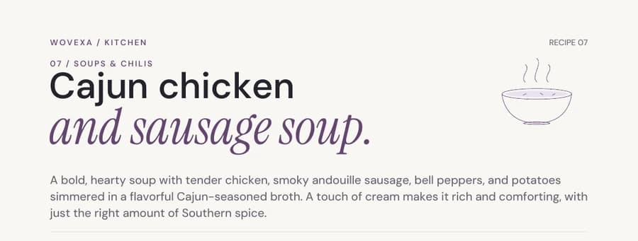 Draft page heading and introduction for Cajun chicken and sausage soup.
